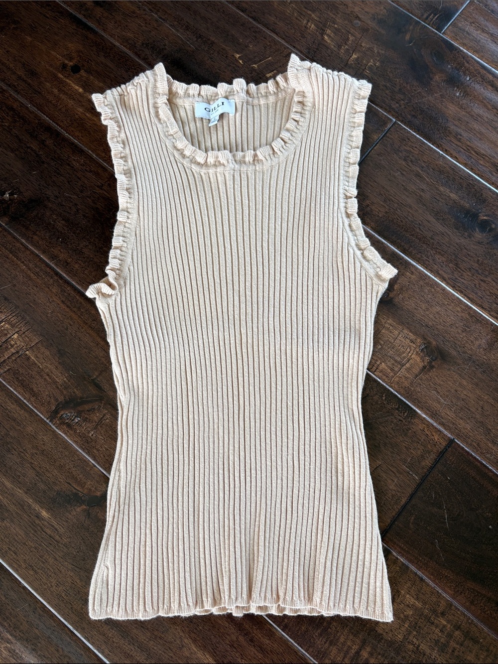 Gilli Beige Ribbed Sleeveless Top with Ruffle Trim. Very stretchy and soft!!